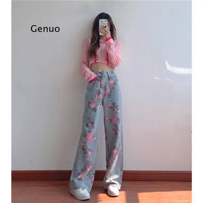 Vintage Jeans Women Autumn Flower Pattern Straight Wide Leg Pants High Waist Denim Trousers Y2K Aesthetic Grunge Clothes Female
Vintage Jeans Women Autumn Flower Pattern Straight Wide Leg Pants High Waist Denim Trousers Y2K Aesthetic Grunge Clothes Female