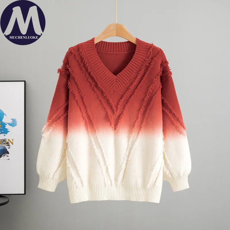Свитер для женщин, осень-зима, ленивый стиль, градиент цвета, вязаный свитер с v-образным вырезом, модные повседневные свободные теплые пуловеры 
Свитер для женщин, осень-зима, ленивый стиль, градиент цвета, вязаный свитер с v-образным вырезом, модные повседневные свободные теплые пуловеры