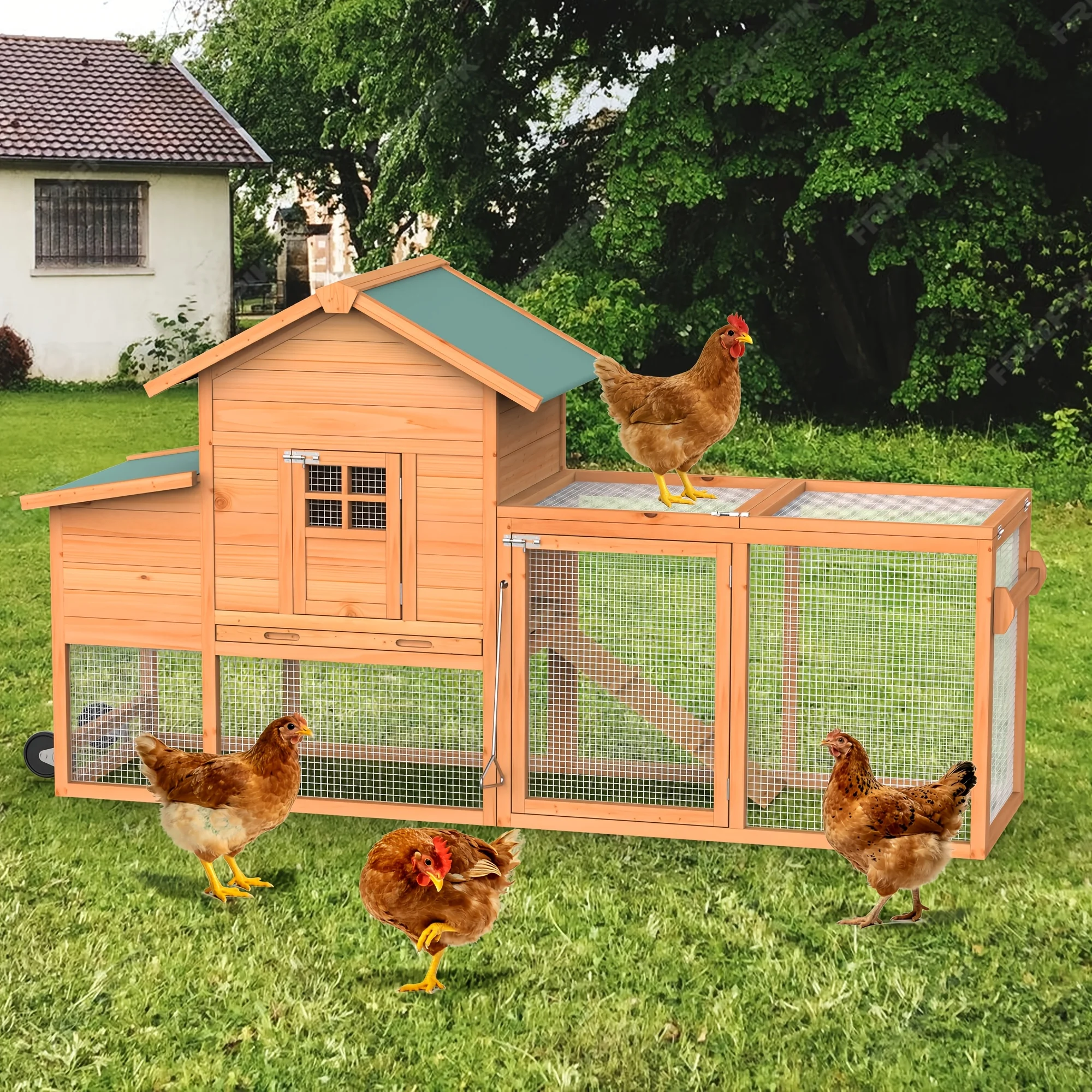 Portable Wooden Chicken Coop on Wheels, Suitable for 3-4 Hens, Featuring a Nesting Box, Removable Tray, Run Area, And an Expandable Base, Without Battery
Portable Wooden Chicken Coop on Wheels, Suitable for 3-4 Hens, Featuring a Nesting Box, Removable Tray, Run Area, And an Expandable Base, Without Battery