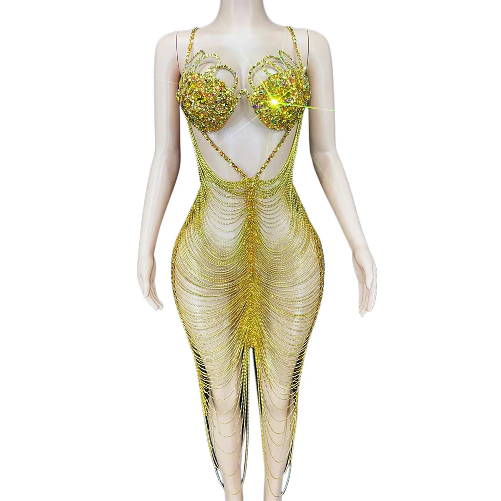 Gold Spaghetti Strap Shining Rhinestones Chain Sexy Hollow Out Dress For Women Nightclub DJ Clothing Stage Singer Costumes
Gold Spaghetti Strap Shining Rhinestones Chain Sexy Hollow Out Dress For Women Nightclub DJ Clothing Stage Singer Costumes