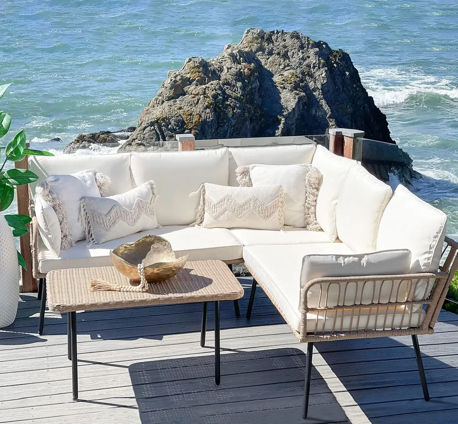 4 Pieces Patio Furniture Set, Outdoor Rattan Woven Conversation Sectional L-Shaped Sofa with 5 Seater for Backyard
4 Pieces Patio Furniture Set, Outdoor Rattan Woven Conversation Sectional L-Shaped Sofa with 5 Seater for Backyard