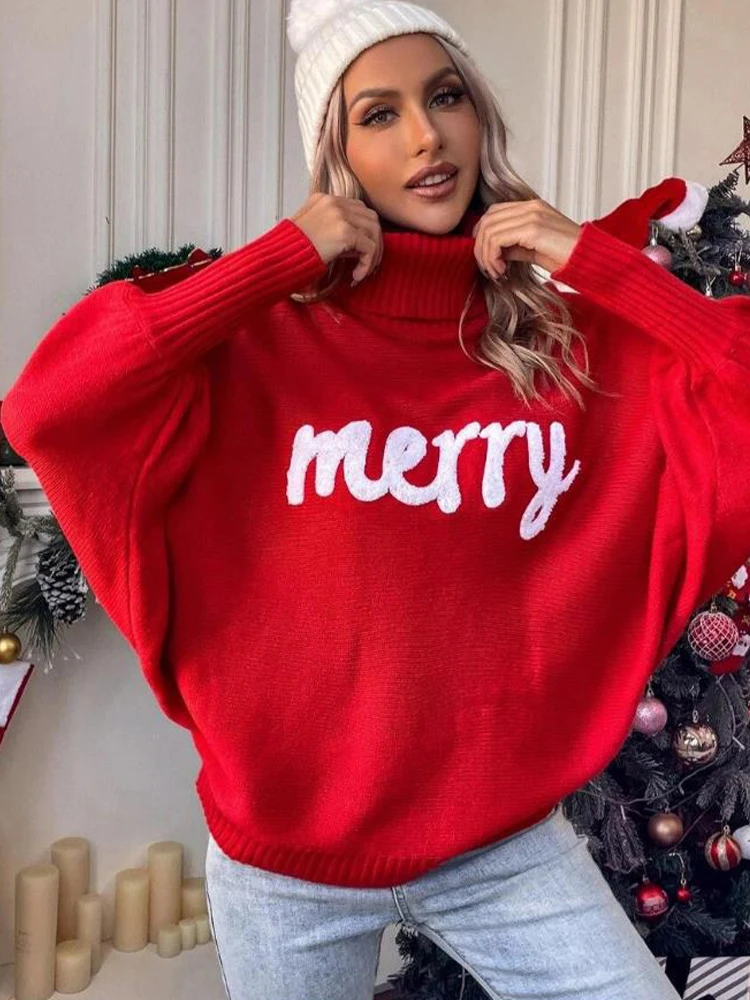 Letter Print Knitted Sweater Women Winter Turtleneck Batwing Sleeve Pullovers Female Fashion High Street Casual Chirstmas Jumper
Letter Print Knitted Sweater Women Winter Turtleneck Batwing Sleeve Pullovers Female Fashion High Street Casual Chirstmas Jumper