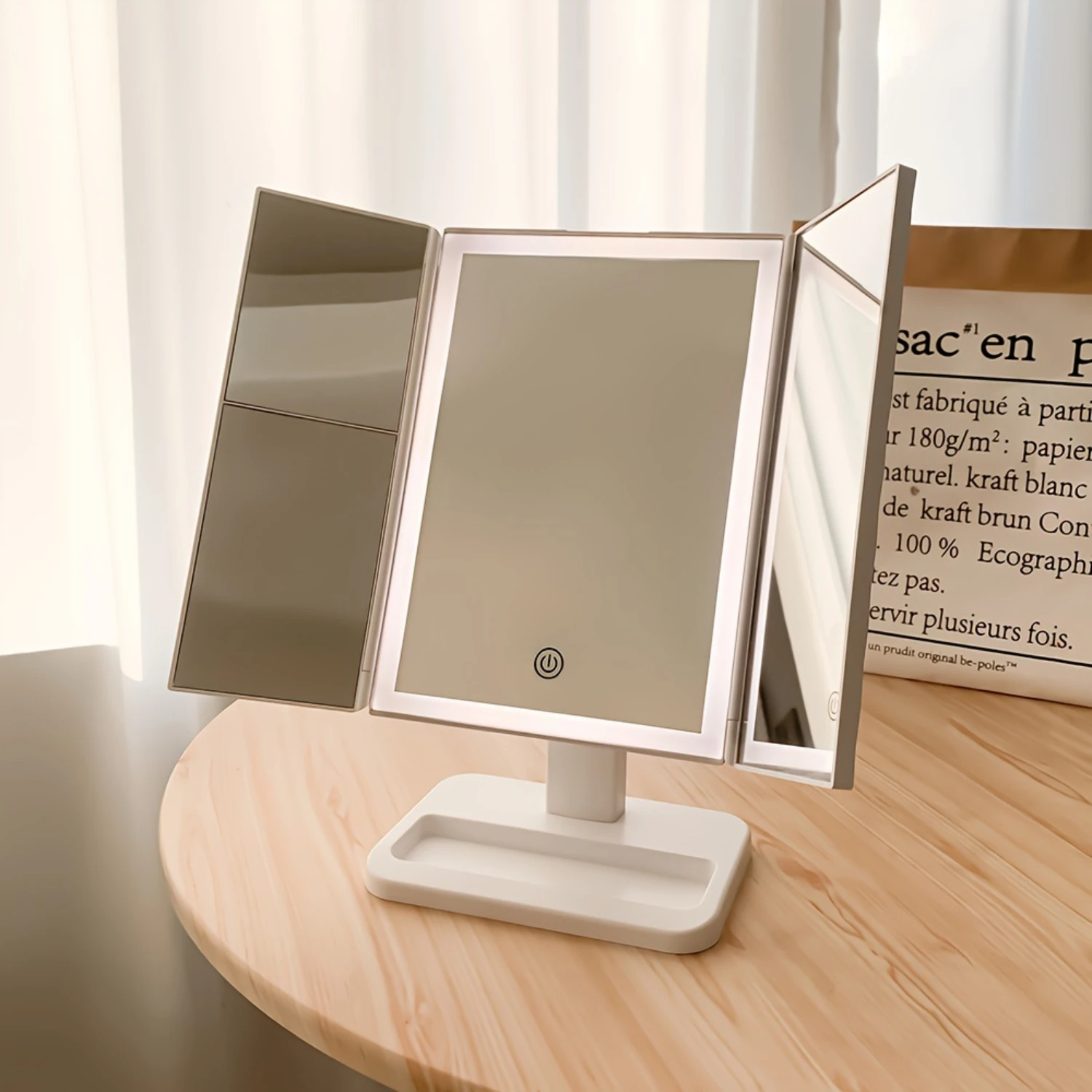 Girls with Adjustable Brightness. Portable Tri-fold Cosmetic Mirror with LED Lights, Three-sided Makeup Mirror with Touch Screen
Girls with Adjustable Brightness. Portable Tri-fold Cosmetic Mirror with LED Lights, Three-sided Makeup Mirror with Touch Screen