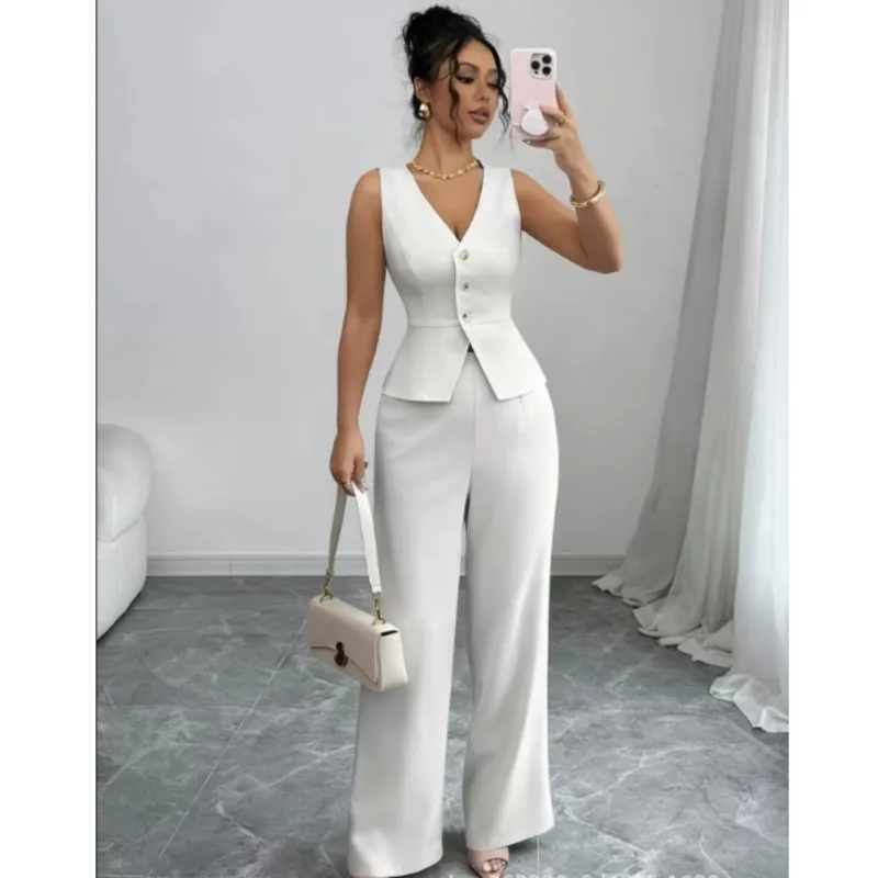 Summer New Solid Two Piece Sets Women V-neck Sleeveless Slim Single-Breasted Vest Top + Wide-leg Trousers 2-piece Office Set
Summer New Solid Two Piece Sets Women V-neck Sleeveless Slim Single-Breasted Vest Top + Wide-leg Trousers 2-piece Office Set