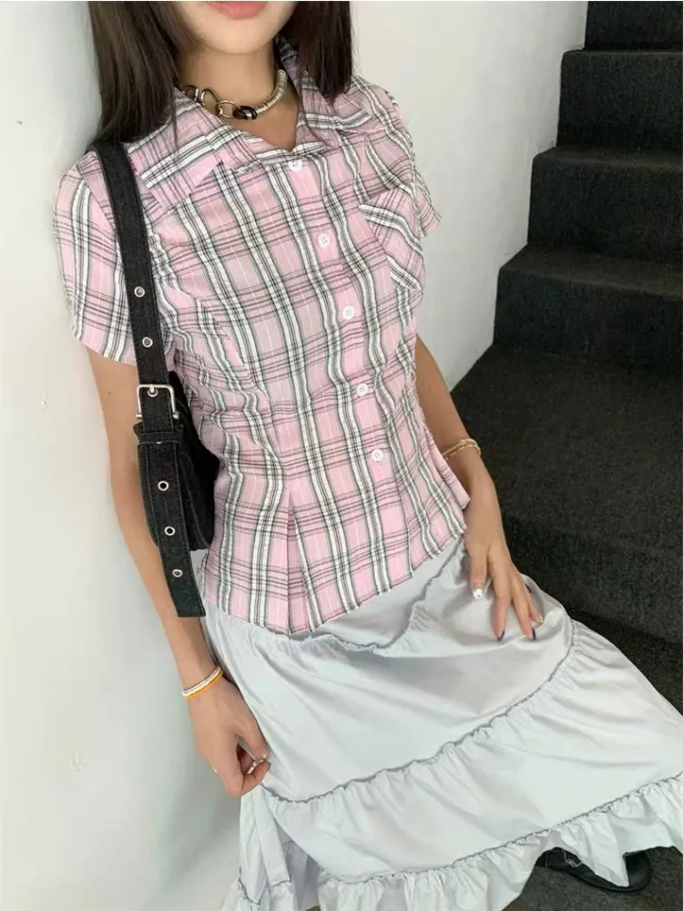 Deeptown Pink Plaid Women Shirts Vintage Aesthetic Short Sleeve Korean Fashion Preppy Blouses Slim Casual Office Lady Gyaru
Deeptown Pink Plaid Women Shirts Vintage Aesthetic Short Sleeve Korean Fashion Preppy Blouses Slim Casual Office Lady Gyaru