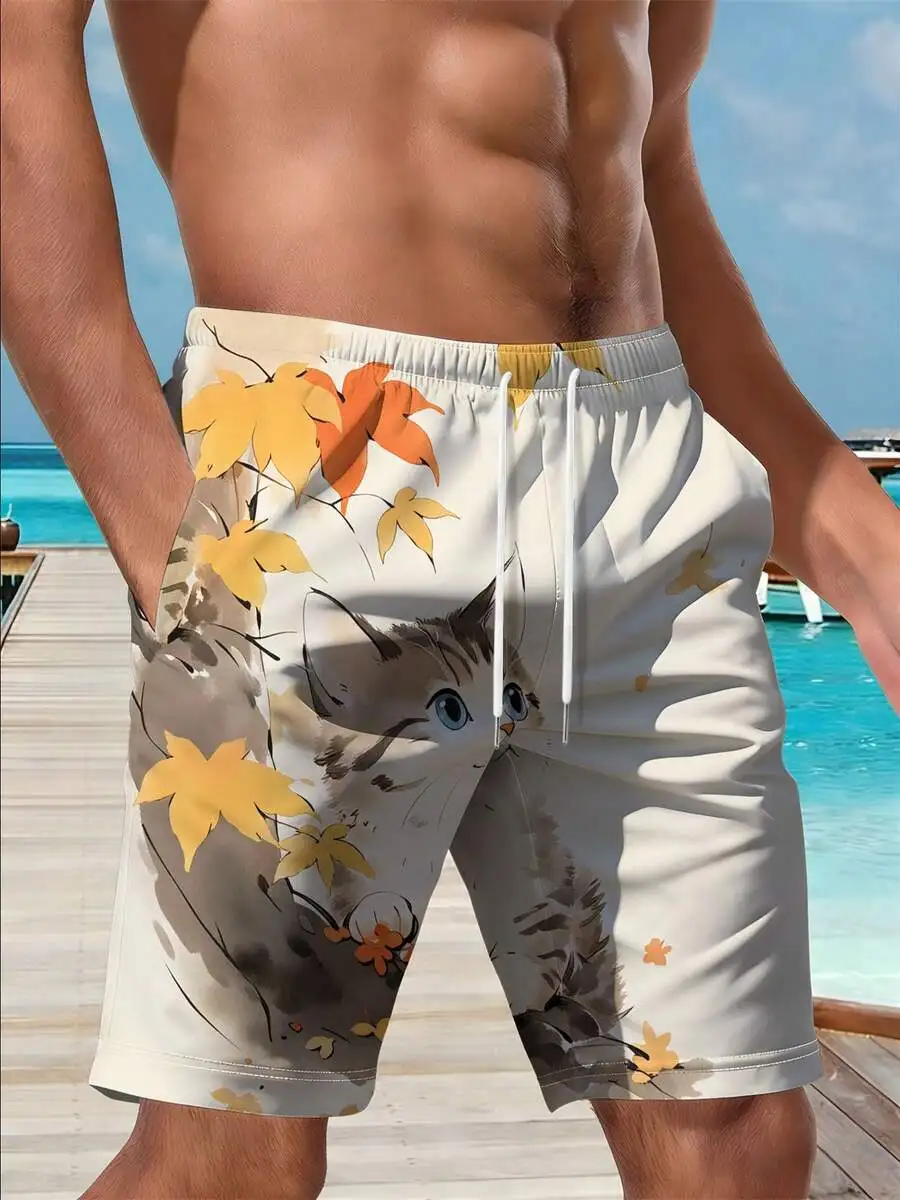 Mens Beach Shorts With 3D Cat And Autumn Leaves Print
Mens Beach Shorts With 3D Cat And Autumn Leaves Print