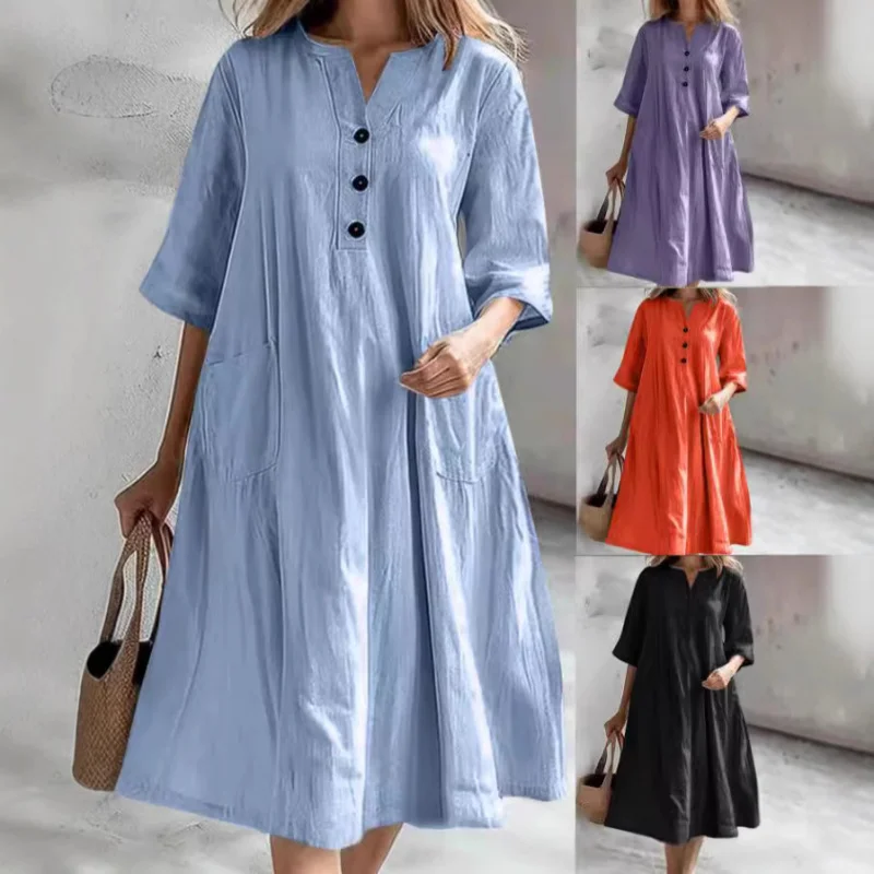 Women's Dress Mid-LengthVLoose Cotton Linen Half-Sleeve Three-Button Pocket Jumpsuit
Women's Dress Mid-LengthVLoose Cotton Linen Half-Sleeve Three-Button Pocket Jumpsuit