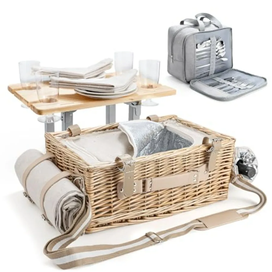 Wicker picnic basket set for 4: willow hamper with detachable table, insulated cooler bag, utensil organizer, waterproof blanke
Wicker picnic basket set for 4: willow hamper with detachable table, insulated cooler bag, utensil organizer, waterproof blanke