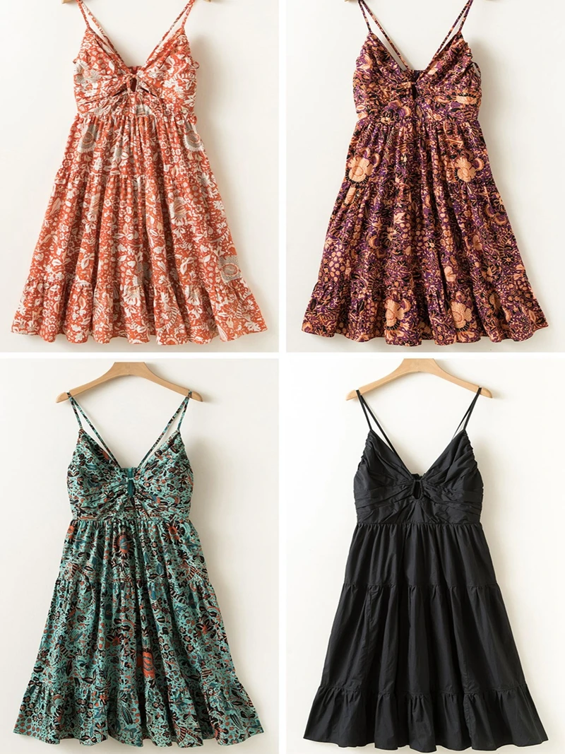 Bohemian holiday style design sexy V-neck hanging neck cotton small floral waist sling dress
Bohemian holiday style design sexy V-neck hanging neck cotton small floral waist sling dress