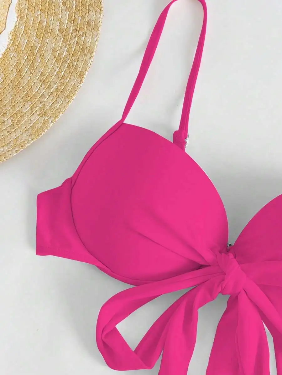 Solid Pink Knot Front Push Up Bikini Top With High Cut Bottom
Solid Pink Knot Front Push Up Bikini Top With High Cut Bottom