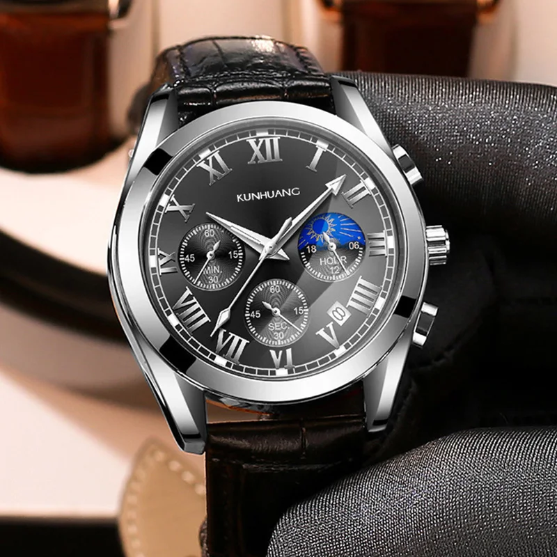 KunHuang Original Man‘s Quartz Watch Fashion Sport Wristwatch Moon Phase Luminous Stainless Steel Leather Waterproof Dive Watch
KunHuang Original Man‘s Quartz Watch Fashion Sport Wristwatch Moon Phase Luminous Stainless Steel Leather Waterproof Dive Watch