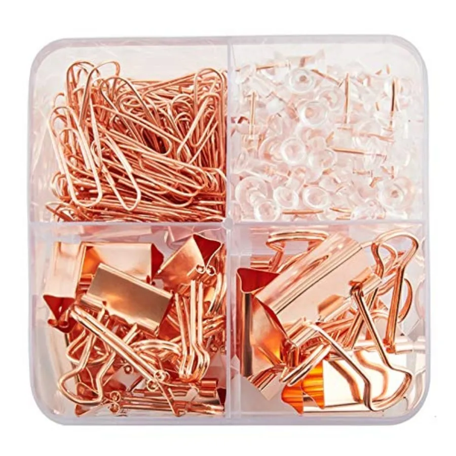Rosegold kit, Set of Binder Clips, Paper Clips, Push Pins, Total 226pcs
Rosegold kit, Set of Binder Clips, Paper Clips, Push Pins, Total 226pcs