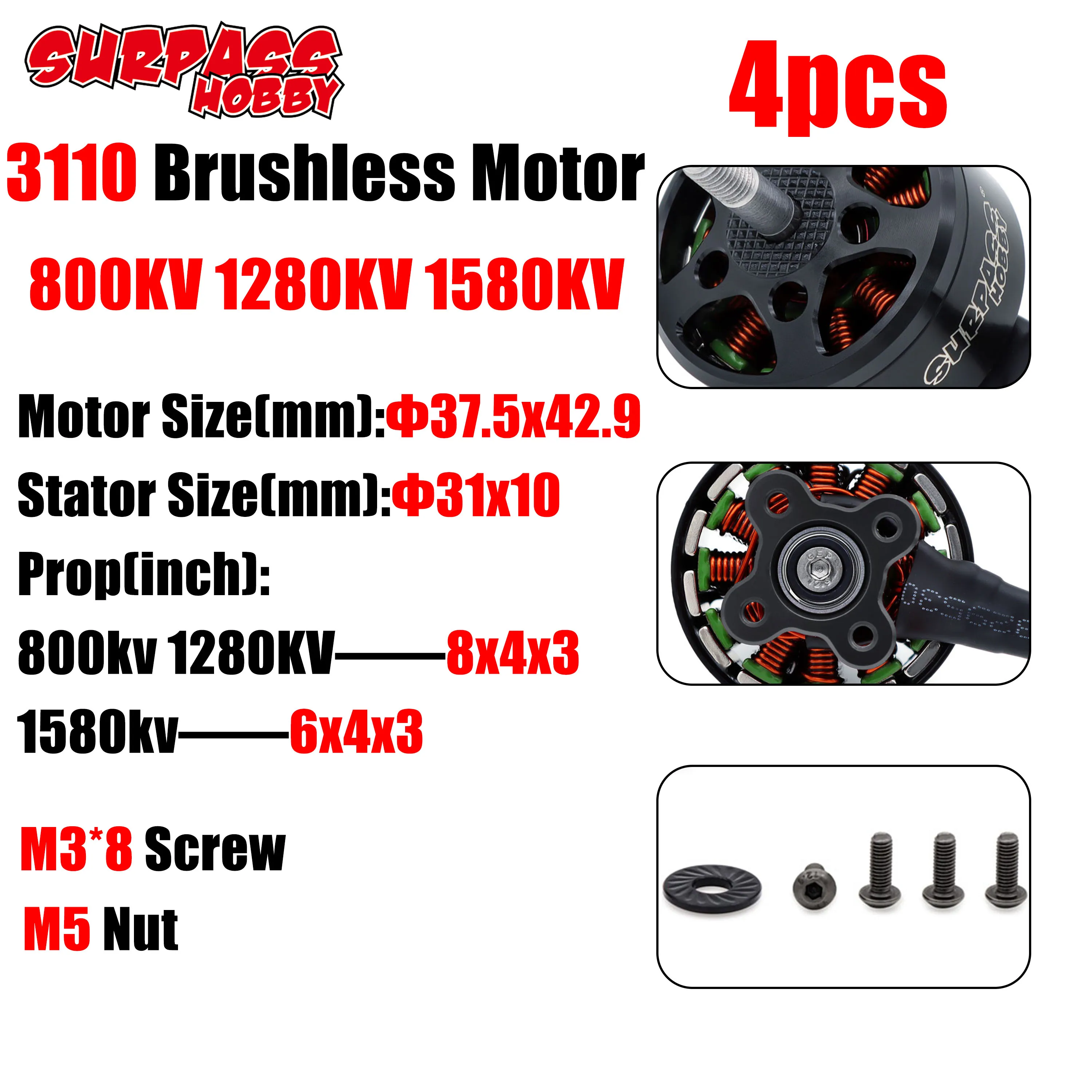4PCS Surpass Hobby 3110 800KV 1280KV 1580KV Outrunner Brushless Motor for RC FPV Racing Drone Multirotor Mark4 10inch Frame Part
4PCS Surpass Hobby 3110 800KV 1280KV 1580KV Outrunner Brushless Motor for RC FPV Racing Drone Multirotor Mark4 10inch Frame Part