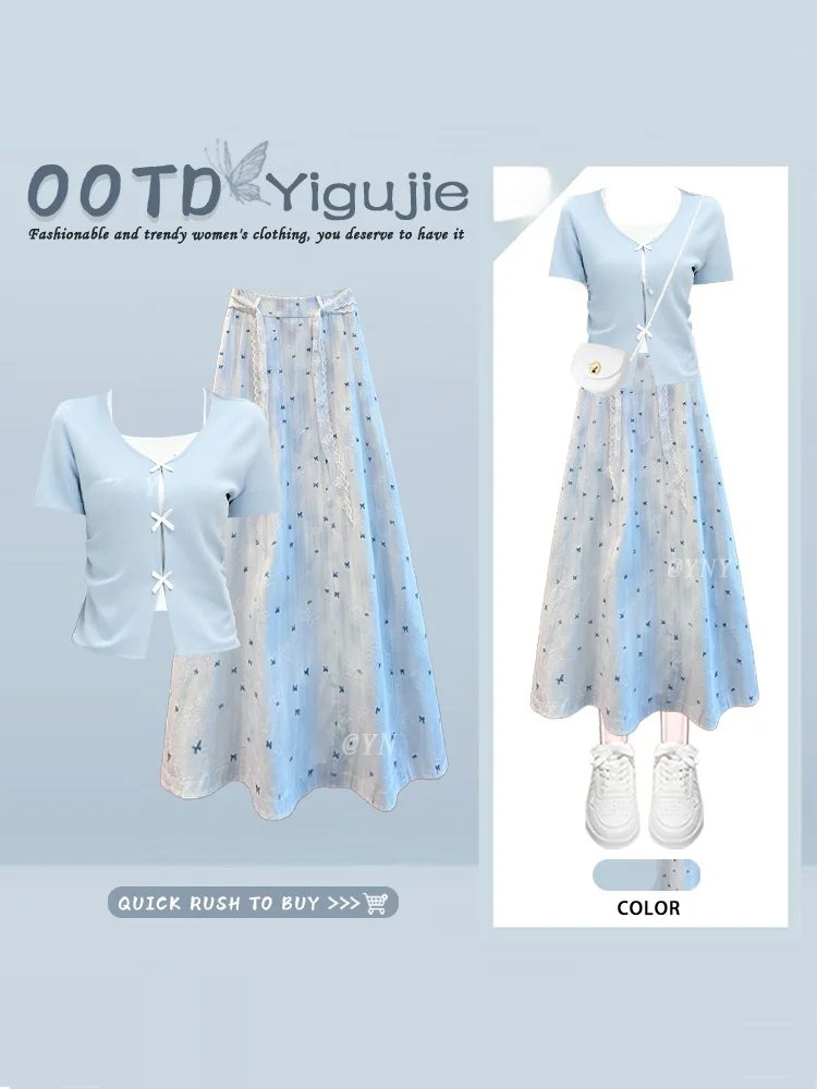 Sweet Blue Lace Floral Half Skirt Two-Piece Set Women's Summer Short Sleeve Knot Top And Skirt Ensemble Gentle Breeze
Sweet Blue Lace Floral Half Skirt Two-Piece Set Women's Summer Short Sleeve Knot Top And Skirt Ensemble Gentle Breeze