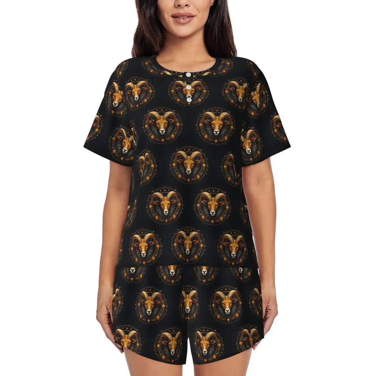 Aries Zodiac Celestial Goat And Ram Horns Print Round Neck Short Sleeve Nightgowns for Sleeping Women Pajama Set Short Pants
Aries Zodiac Celestial Goat And Ram Horns Print Round Neck Short Sleeve Nightgowns for Sleeping Women Pajama Set Short Pants