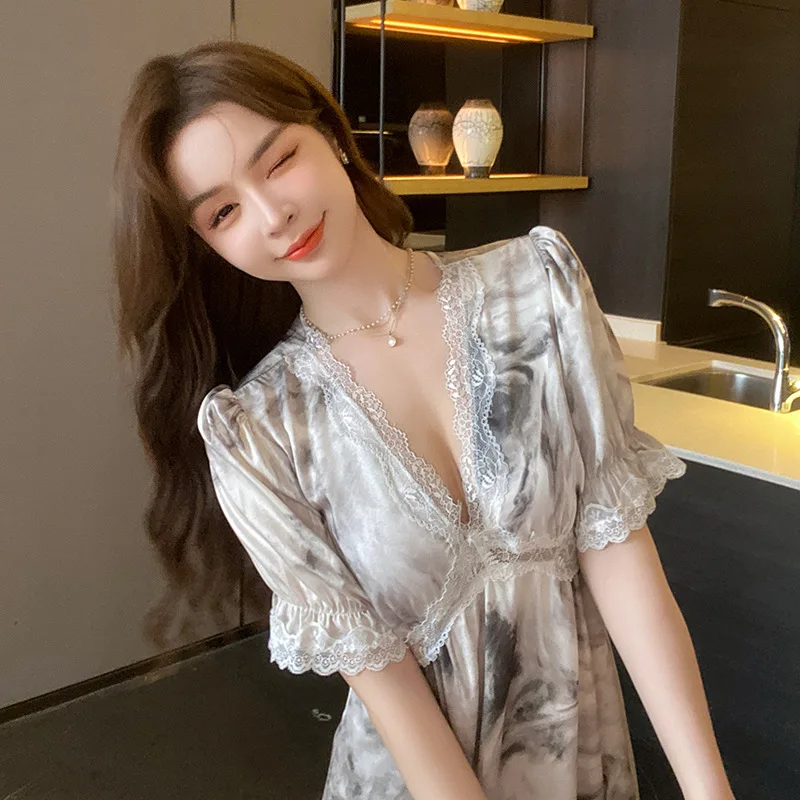 Lace Nightgown Lady Print Nighty Gown Spring Summer V-Neck Nightdress Women Silky Satin Robe Sleepwear Home Dress Loungewear
Lace Nightgown Lady Print Nighty Gown Spring Summer V-Neck Nightdress Women Silky Satin Robe Sleepwear Home Dress Loungewear