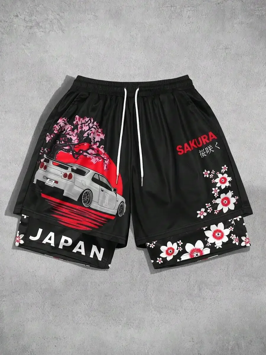 Mens 2-In-1 Printed Drawstring Shorts With Sakura And Car Design
Mens 2-In-1 Printed Drawstring Shorts With Sakura And Car Design