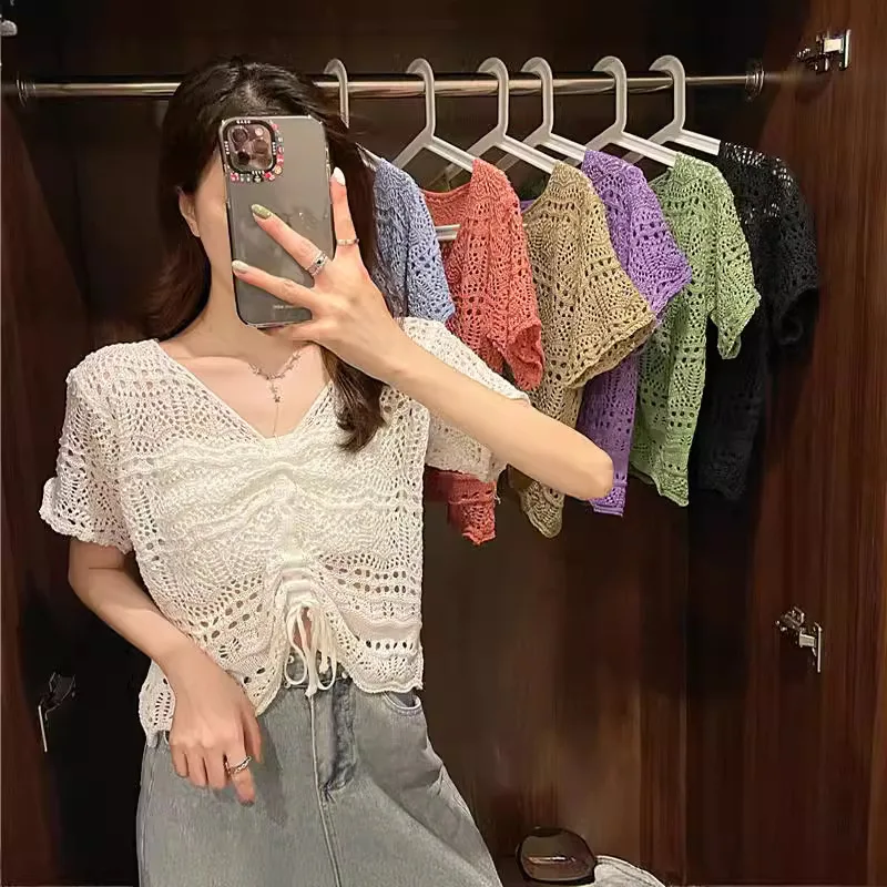 Korean Style Drawstring V-Neck Short Sleeve Hollow out Knitwear Summer New Arrival Women's Shirt Top Loose Fit UV Protection
Korean Style Drawstring V-Neck Short Sleeve Hollow out Knitwear Summer New Arrival Women's Shirt Top Loose Fit UV Protection