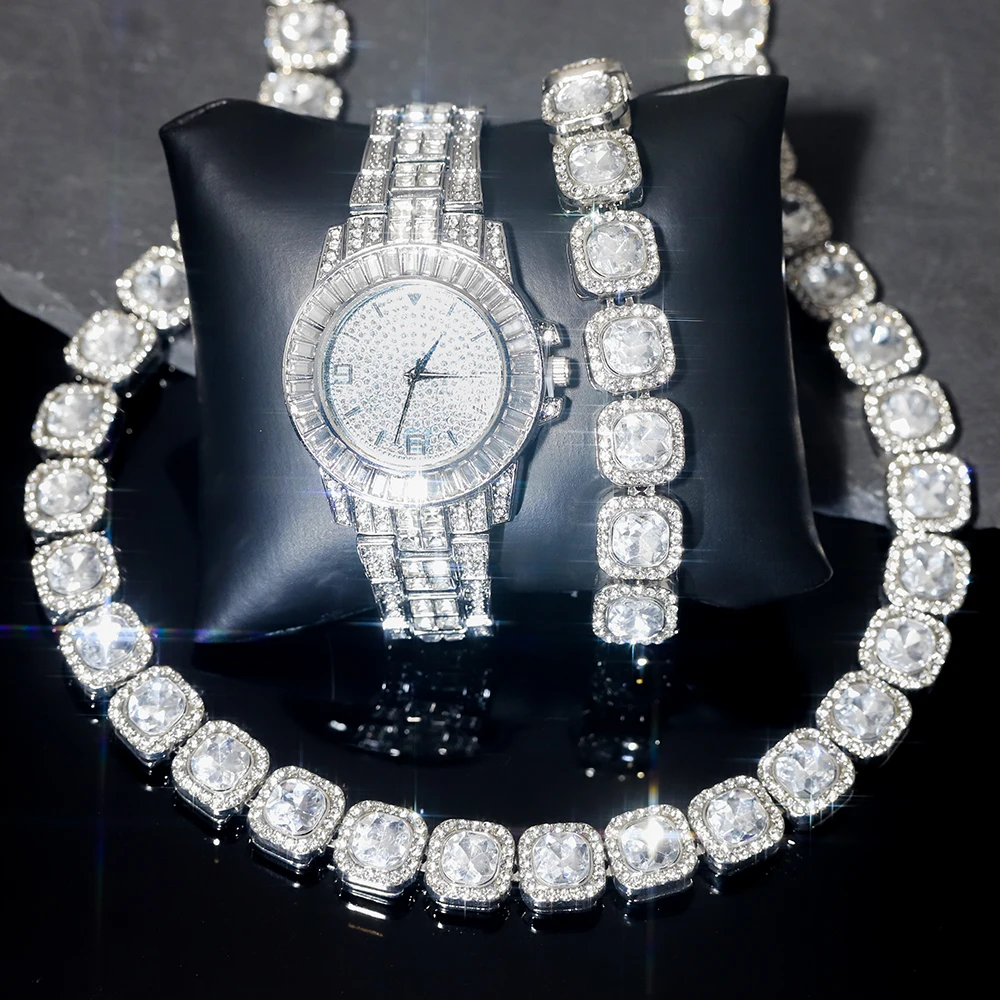 3 шт., стильные часы в комплекте, инкрустированные бриллиантами, стиль хип-хоп, искусственная кожа, кубическая цепочка с сахаром, ожерелье + браслет для мужчин и женщин, ювелирные изделия в подарок
3 шт., стильные часы в комплекте, инкрустированные бриллиантами, стиль хип-хоп, искусственная кожа, кубическая цепочка с сахаром, ожерелье + браслет для мужчин и женщин, ювелирные изделия в подарок