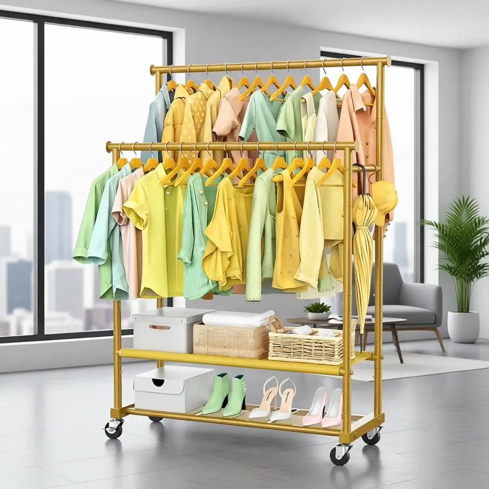 Heavy-Duty Rolling Double Rod Clothing Rack with Bottom Shelves and Mesh for Bedroom Laundry (Gold)
Heavy-Duty Rolling Double Rod Clothing Rack with Bottom Shelves and Mesh for Bedroom Laundry (Gold)