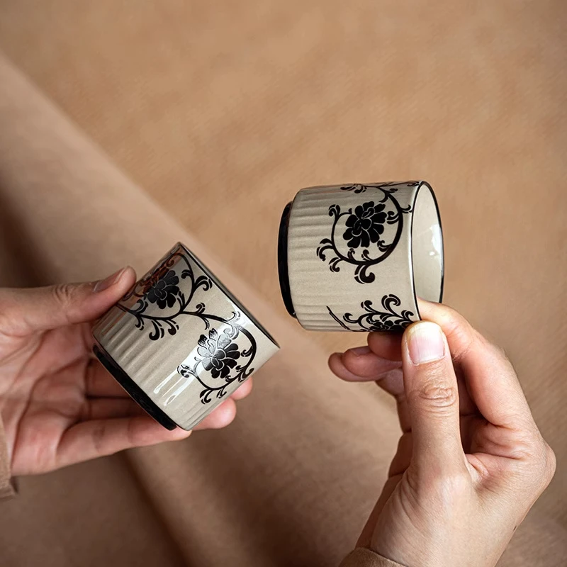 Мини-печь, резная дегустационная чайная чашка, маленькая чайная чашка в стиле ретро, зеленая, серая глазурь, керамический бытовой китайский чайный сервиз кунг-фу