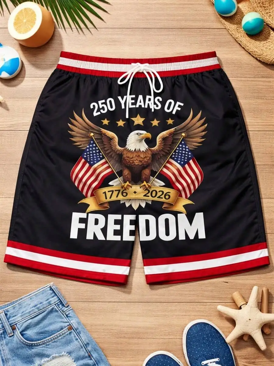 Mens Black Woven Beach Shorts With Red White Trim, Eagle And Flags Design Celebrating 250 Years Of Freedom 1776–2026
Mens Black Woven Beach Shorts With Red White Trim, Eagle And Flags Design Celebrating 250 Years Of Freedom 1776–2026