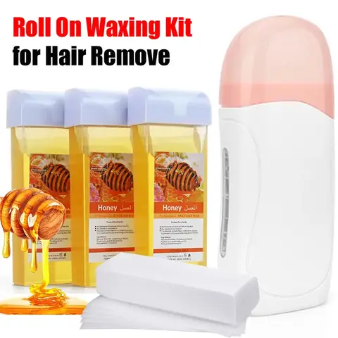 3-in-1 Roll on Waxing Kit with Cartridges Strips Soft Wax Heater Hair Removal System including Wax Paper for Smooth Skin