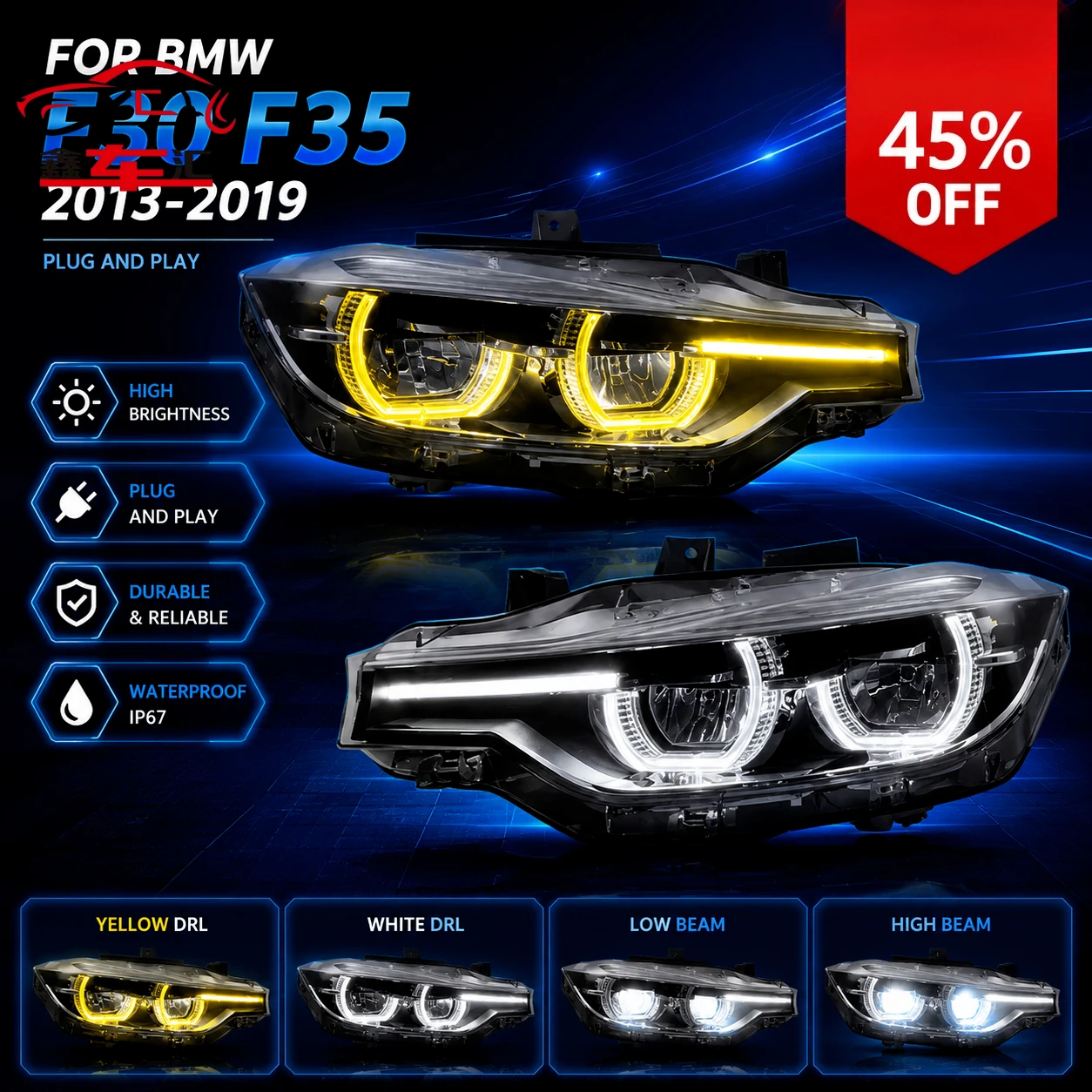 Car LED Headlight Light Assemblies For BMW 3 Series F30 F35 2013-2019 Yellow White LED DRL Turn Signal Lamp Plug and P
Car LED Headlight Light Assemblies For BMW 3 Series F30 F35 2013-2019 Yellow White LED DRL Turn Signal Lamp Plug and P