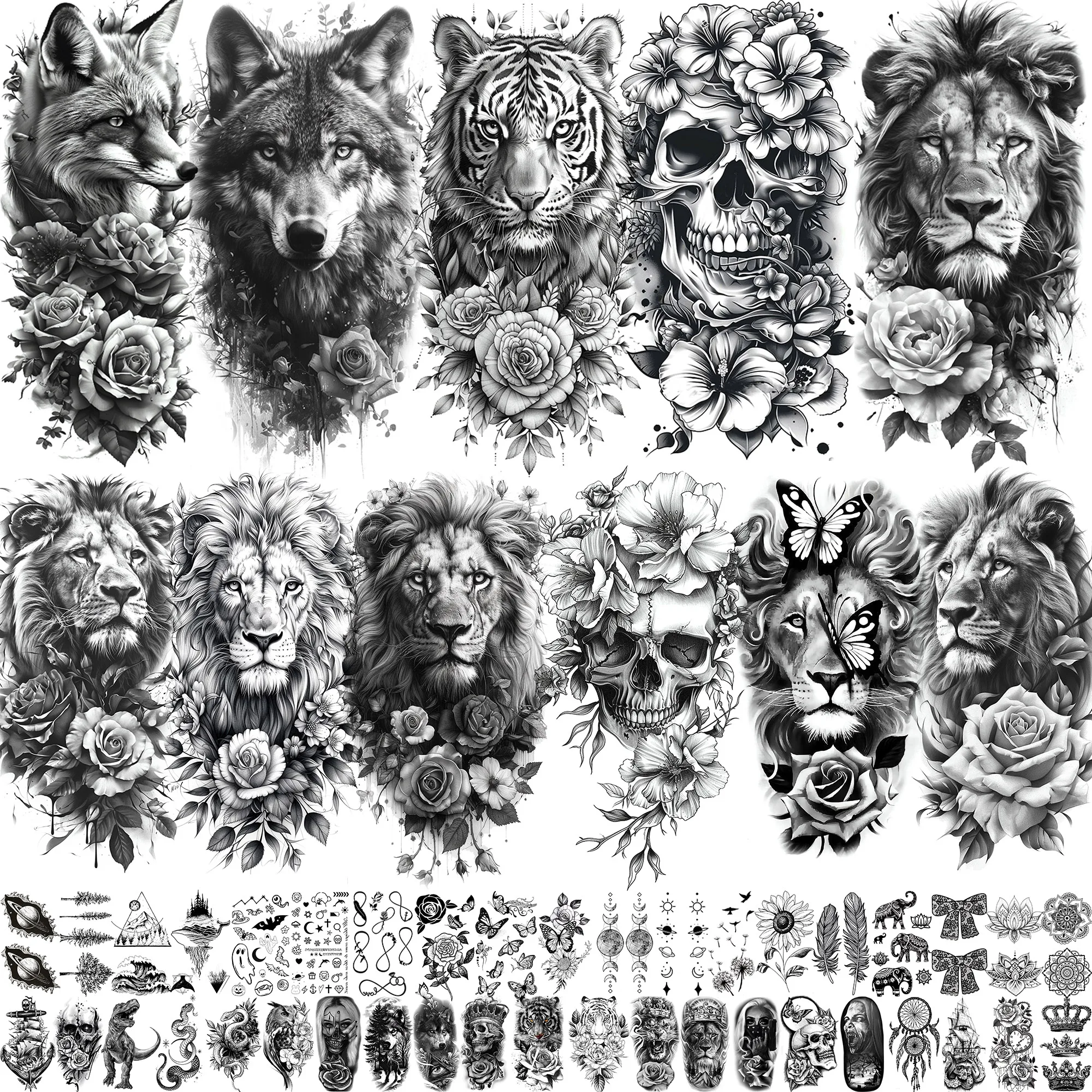 72 Sheets Animals With Flowers Temporary Tattoos Waterproof Realistic Lion Tiger Wolf Skull Fake Tattoo Sticker Long Lasting
72 Sheets Animals With Flowers Temporary Tattoos Waterproof Realistic Lion Tiger Wolf Skull Fake Tattoo Sticker Long Lasting