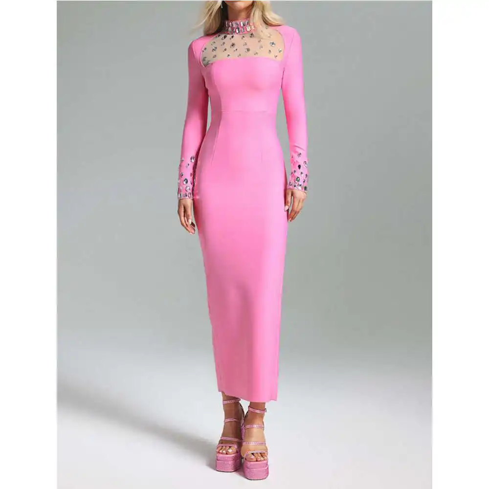 Elegant Pink Long Sleeve Mid-Length Belted Dress Diamond Embellished Slim Fit Stand Collar Gown for Party And Wedding
Elegant Pink Long Sleeve Mid-Length Belted Dress Diamond Embellished Slim Fit Stand Collar Gown for Party And Wedding