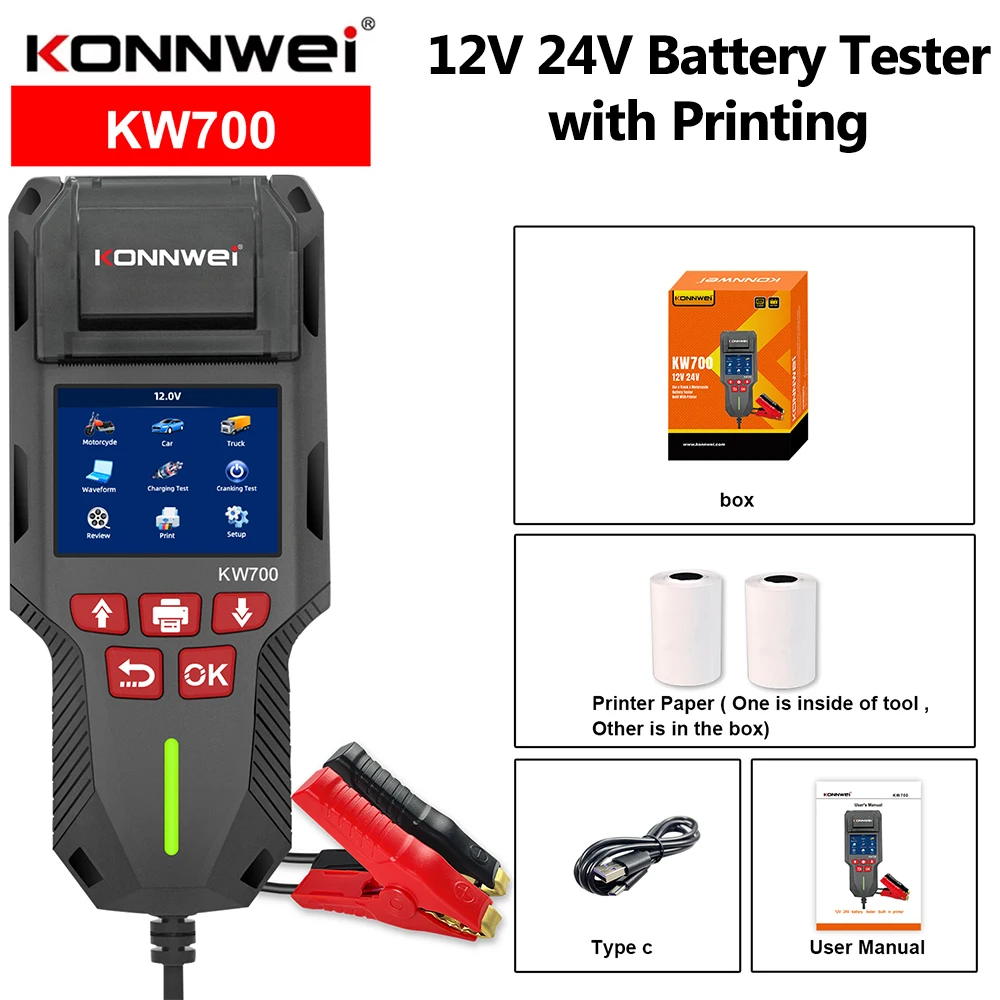 KONNWEI KW700 Car Moto 12V 24V Battery Tester with Printer Cranking Charging Test Tools Battery Health Test Diagnostic Tool
KONNWEI KW700 Car Moto 12V 24V Battery Tester with Printer Cranking Charging Test Tools Battery Health Test Diagnostic Tool