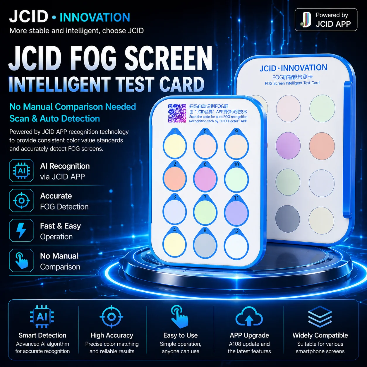 Интеллектуальная тестовая карта JCID FOG Screen – автоматическое определение с помощью ИИ, без ручного сравнения, высокоточный инструмент для тестирования дисплеев
Интеллектуальная тестовая карта JCID FOG Screen – автоматическое определение с помощью ИИ, без ручного сравнения, высокоточный инструмент для тестирования дисплеев