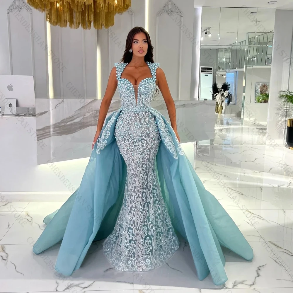 Luxury Pearls Mermaid Sequins Beading Evening Gowns with Detachable Train Illusion Party Dress Robes de soirée
Luxury Pearls Mermaid Sequins Beading Evening Gowns with Detachable Train Illusion Party Dress Robes de soirée