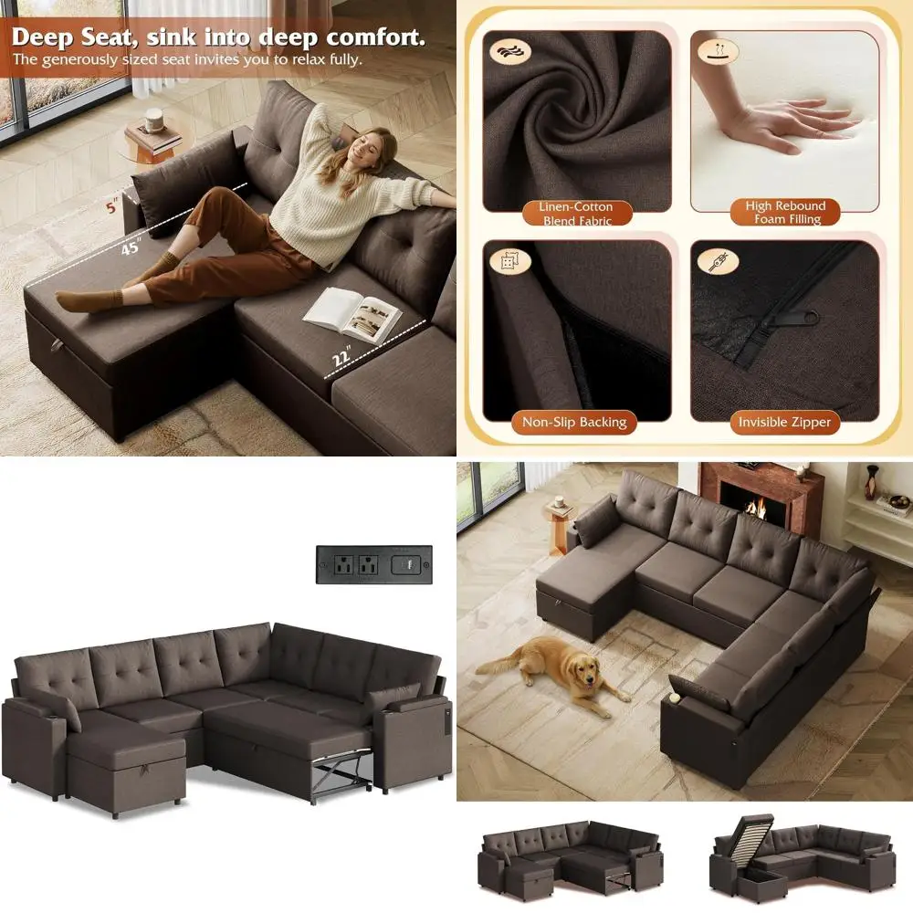 7-Seat Sleeper Sofa with Storage Chaise, Pillows, Removable Cover, Cup Holders, USB Charging, Brown
7-Seat Sleeper Sofa with Storage Chaise, Pillows, Removable Cover, Cup Holders, USB Charging, Brown