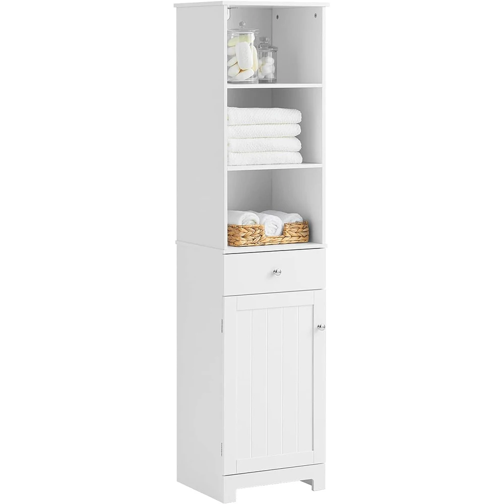 Floor Standing Tall Wood White Bathroom Storage Cabinet with Door Shelves and Drawers
Floor Standing Tall Wood White Bathroom Storage Cabinet with Door Shelves and Drawers