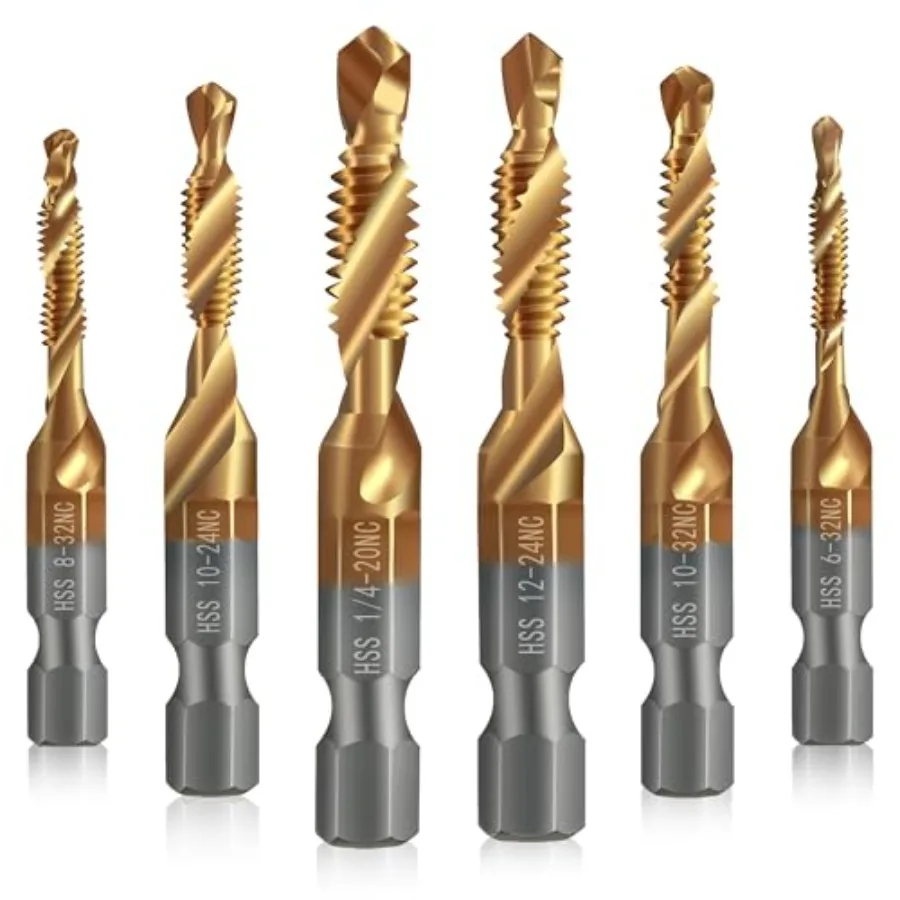 6 Pack Combination Drill and Tap Set Professional HSS Titanium Thread Tap Drill Bit Set in SAE 6-32nc 8-32nc 10-32nc 10-24nc 12
6 Pack Combination Drill and Tap Set Professional HSS Titanium Thread Tap Drill Bit Set in SAE 6-32nc 8-32nc 10-32nc 10-24nc 12