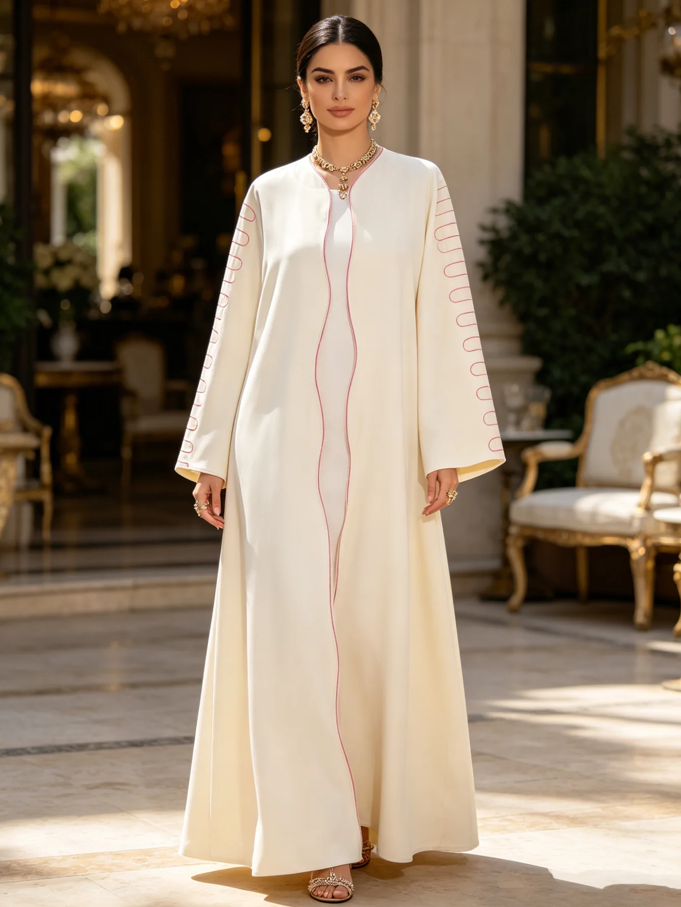 Eid Islamic Modest Open Abaya for Women Pink Line Embroidery Cream Muslim Dress 2026 Elegant Dubai Long Sleeve Kaftan Ramadan
Eid Islamic Modest Open Abaya for Women Pink Line Embroidery Cream Muslim Dress 2026 Elegant Dubai Long Sleeve Kaftan Ramadan