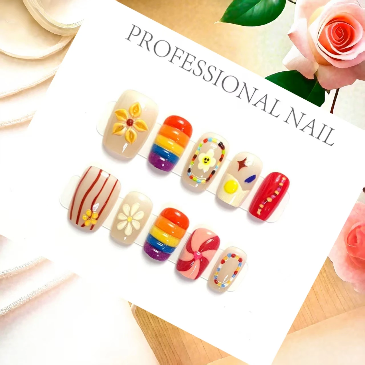 10PCS Handmade Short Ladder Rainbow Sunflower Nail Art Simple Design for All Occasions With 4-PIECE Tools Nail Adhesive Tabs
10PCS Handmade Short Ladder Rainbow Sunflower Nail Art Simple Design for All Occasions With 4-PIECE Tools Nail Adhesive Tabs