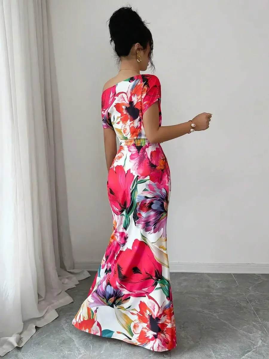 Elegant Floral Print Asymmetric Shoulder Ruffle Belted A-Line Maxi Dress For Women
Elegant Floral Print Asymmetric Shoulder Ruffle Belted A-Line Maxi Dress For Women