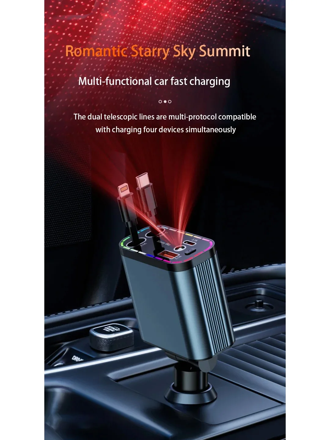 4-in-1 Retractable Car Charger, 152W Fast Charge Type-C, Premium Auto Interior Star Sky Roof Ambience LED Light Accessories
4-in-1 Retractable Car Charger, 152W Fast Charge Type-C, Premium Auto Interior Star Sky Roof Ambience LED Light Accessories