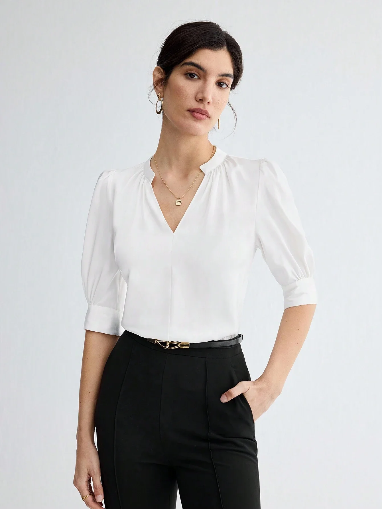 Women's Notch Collar Elbow Sleeve Blouse Office Business Casual Elegant Top
Women's Notch Collar Elbow Sleeve Blouse Office Business Casual Elegant Top