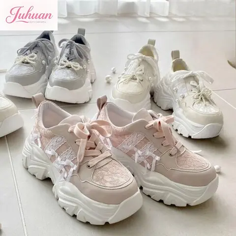 Japanische weiche Mädchenmode, vielseitig, bequem, Muffin-Boden, Lolita-Turnschuhe, Perlenschleife, Plattform, klobiger Schlanger, atmungsaktiv, für Damen