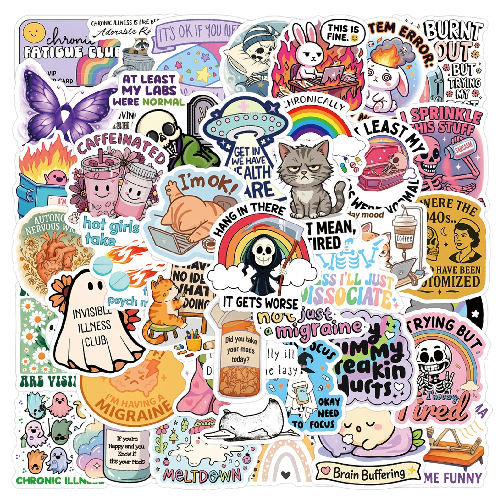 55Pcs Choronic illness Stickers Funny Meme Decals For Laptop Scrapbook Luggage Guitar Helmet DIY Graffiti Aesthetic Stickers
55Pcs Choronic illness Stickers Funny Meme Decals For Laptop Scrapbook Luggage Guitar Helmet DIY Graffiti Aesthetic Stickers