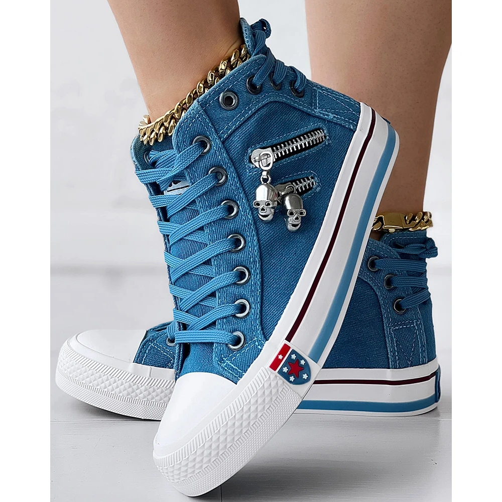 Women Denim Eyelet Lace-up Zipper Design Skull Decor Canvas Shoes Spring Autumn Tenis Casual Sports Sneakers Running Korean
Women Denim Eyelet Lace-up Zipper Design Skull Decor Canvas Shoes Spring Autumn Tenis Casual Sports Sneakers Running Korean