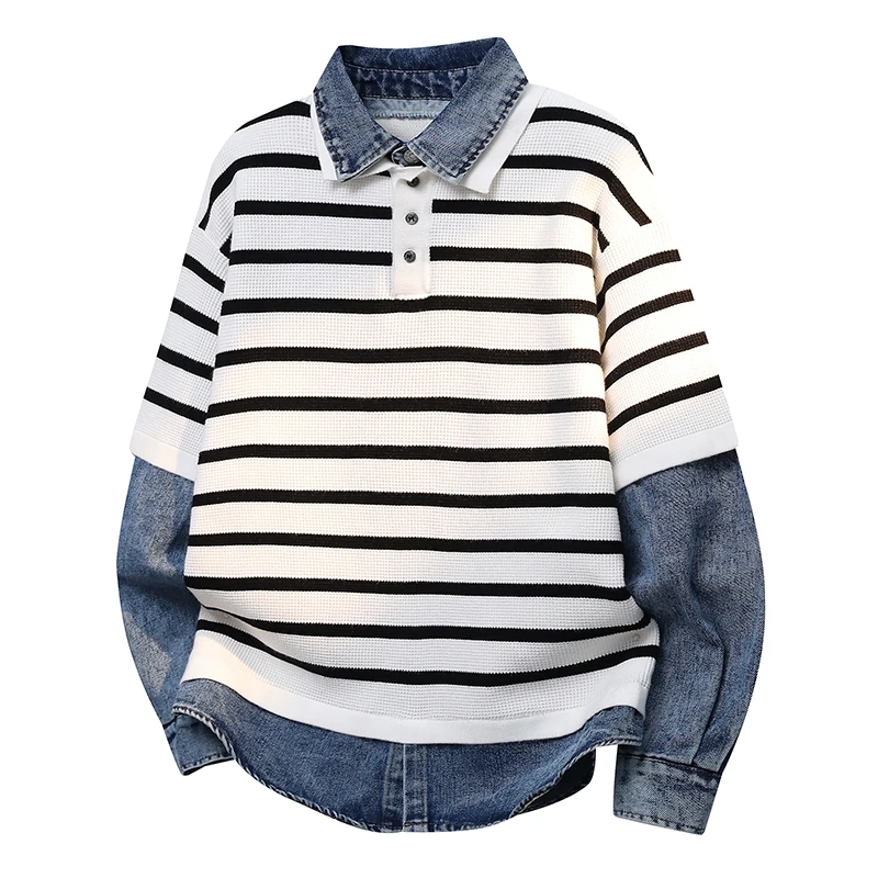 Мужской повседневный свободный свитер в полоску с имитацией двухслойности и воротником-рубашкой, осенне-зимний, новый тренд, брендовый, из полиэфирного волокна, с длинными рукавами
Мужской повседневный свободный свитер в полоску с имитацией двухслойности и воротником-рубашкой, осенне-зимний, новый тренд, брендовый, из полиэфирного волокна, с длинными рукавами