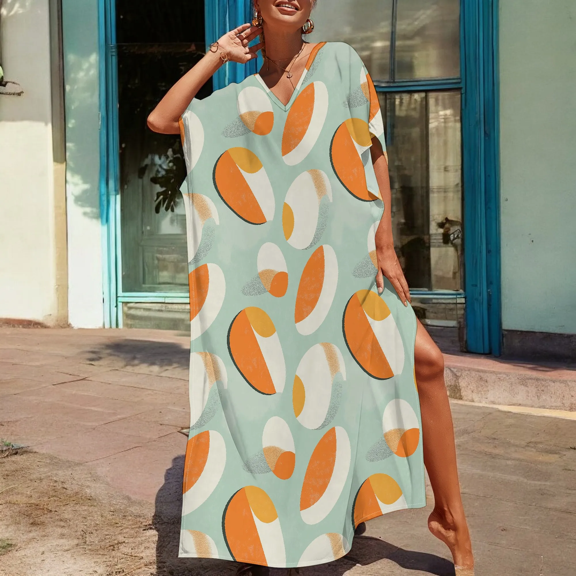 Abstract Geometric Print Kaftan Dress S-3XL – Mint Green with Orange and White Ovals for Summer
Abstract Geometric Print Kaftan Dress S-3XL – Mint Green with Orange and White Ovals for Summer