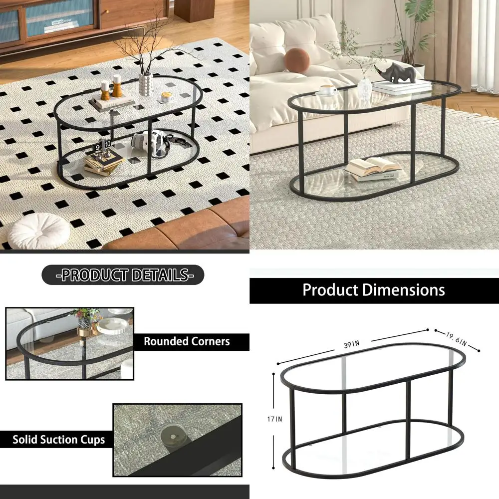 Oval Black Glass 2-Tier Coffee Table - Sturdy Metal Frame Accent Table for Living Room or Bedroom
Oval Black Glass 2-Tier Coffee Table - Sturdy Metal Frame Accent Table for Living Room or Bedroom
