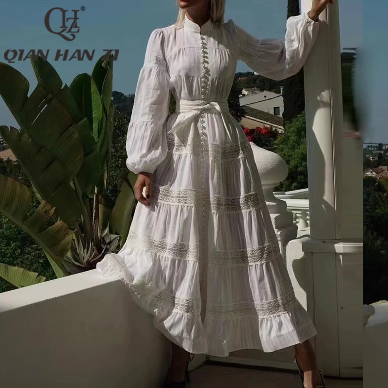 QHZ Fashion Vintage Party Maxi dress woman Lantern sleeve Single Breasted Lace Splicing Belt slim luxury Elegant Long dress
QHZ Fashion Vintage Party Maxi dress woman Lantern sleeve Single Breasted Lace Splicing Belt slim luxury Elegant Long dress