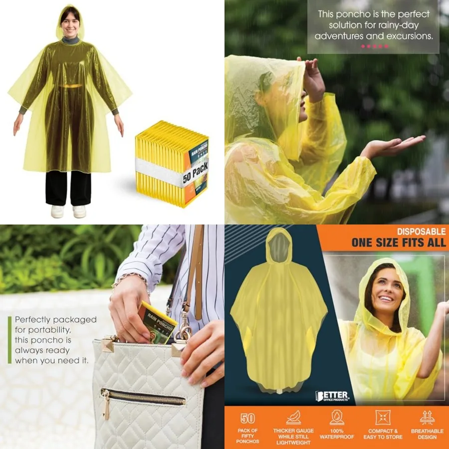 Better Office Products Disposable Yellow Rain Ponchos with Hood for Adults Thicker Gauge,Emergency Ponchos, Lightweight
Better Office Products Disposable Yellow Rain Ponchos with Hood for Adults Thicker Gauge,Emergency Ponchos, Lightweight