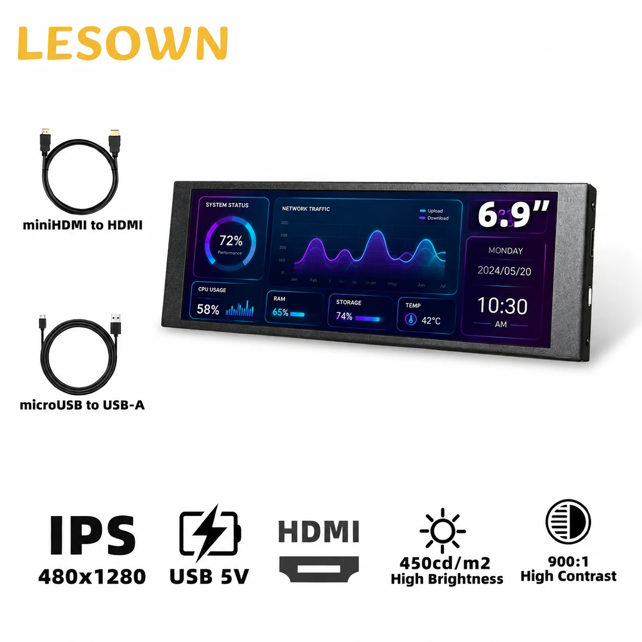 LESOWN 6.9 Inch Bar Display HDTV PC Case Temp Monitor Plug and Play Sub-screen
LESOWN 6.9 Inch Bar Display HDTV PC Case Temp Monitor Plug and Play Sub-screen